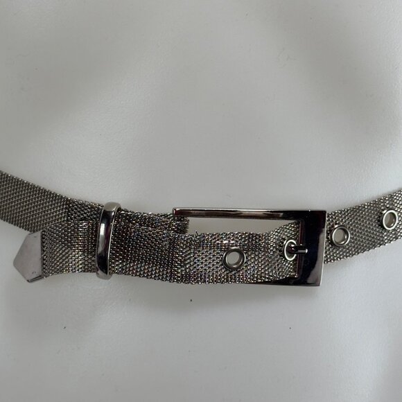 Vintage Metallic Mesh Belt Silver Buckle Detail Adjustable Grommets Size 36 - Picture 2 of 9